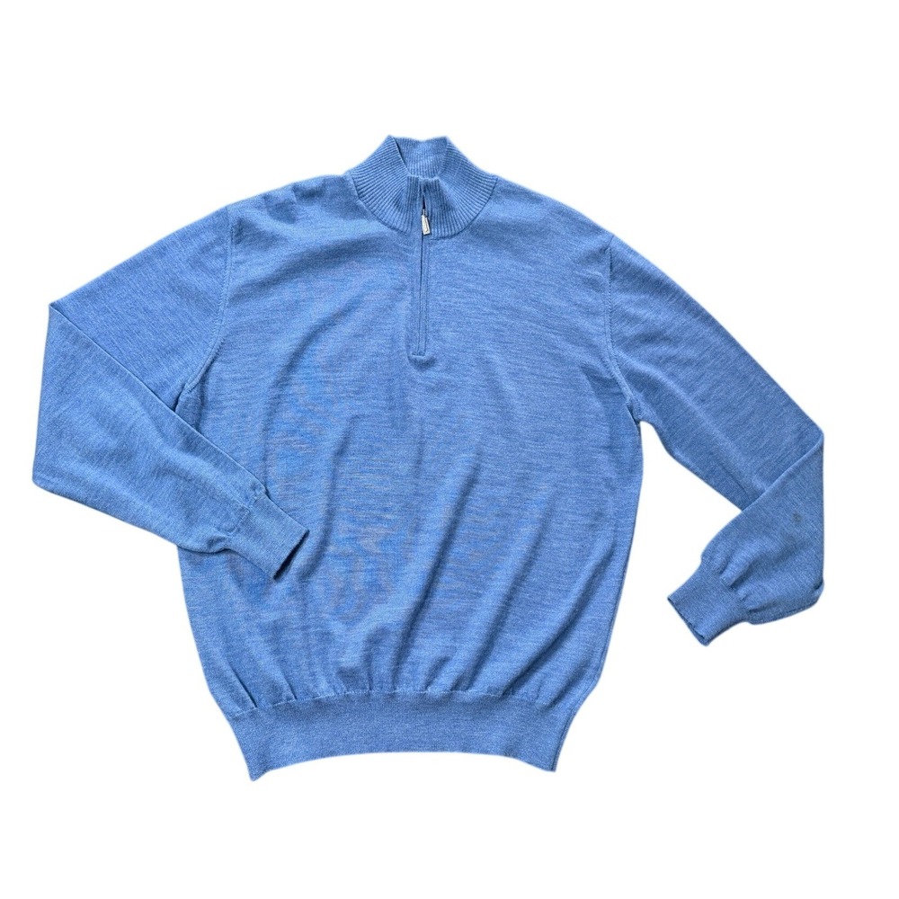 Ermenegildo Zegna Quarter Zip Sweater Blue Merino Wool Italy Mens Sz L 52 Luxury